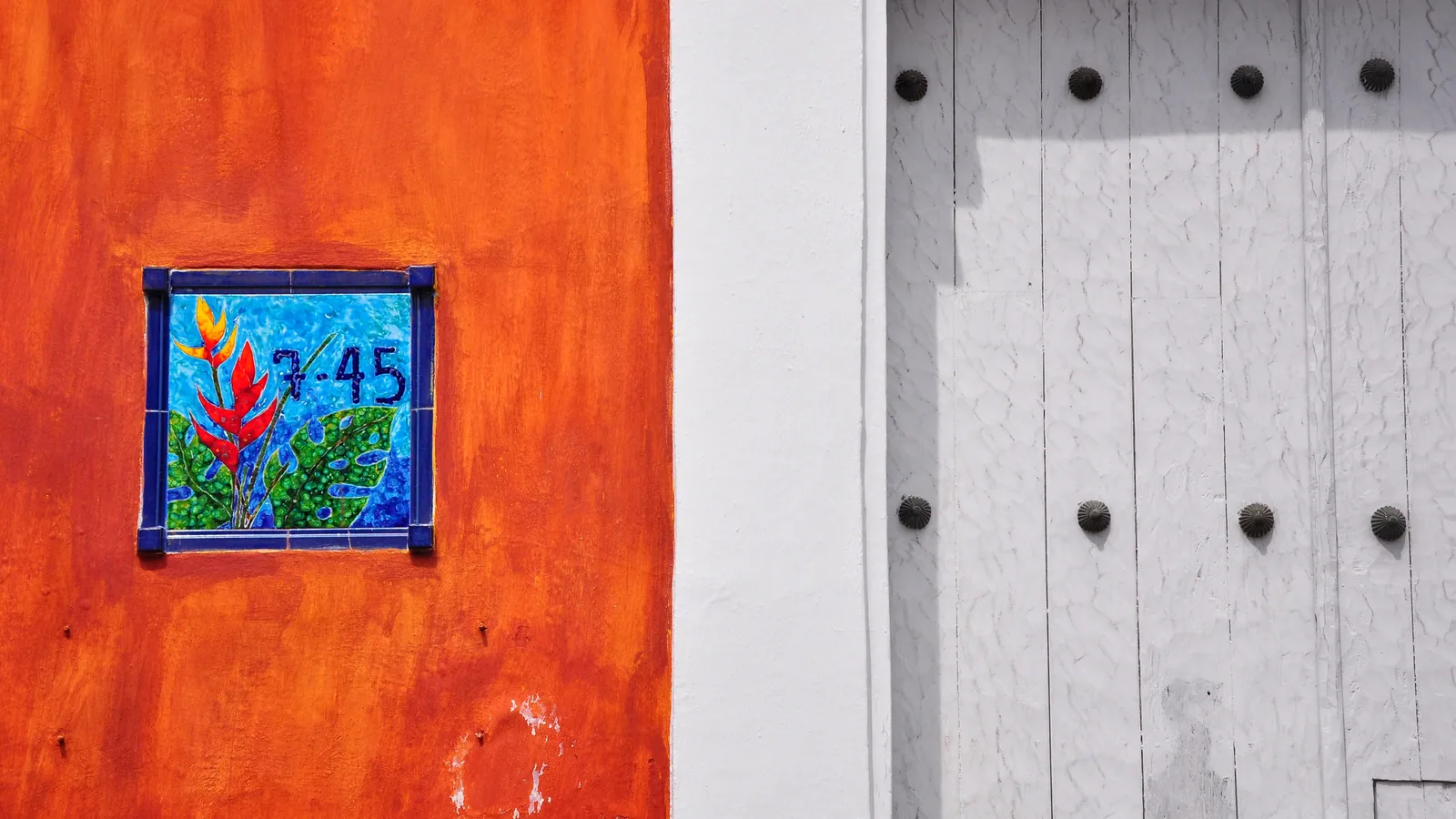 Orange wall with hand-painted tile beside a white door